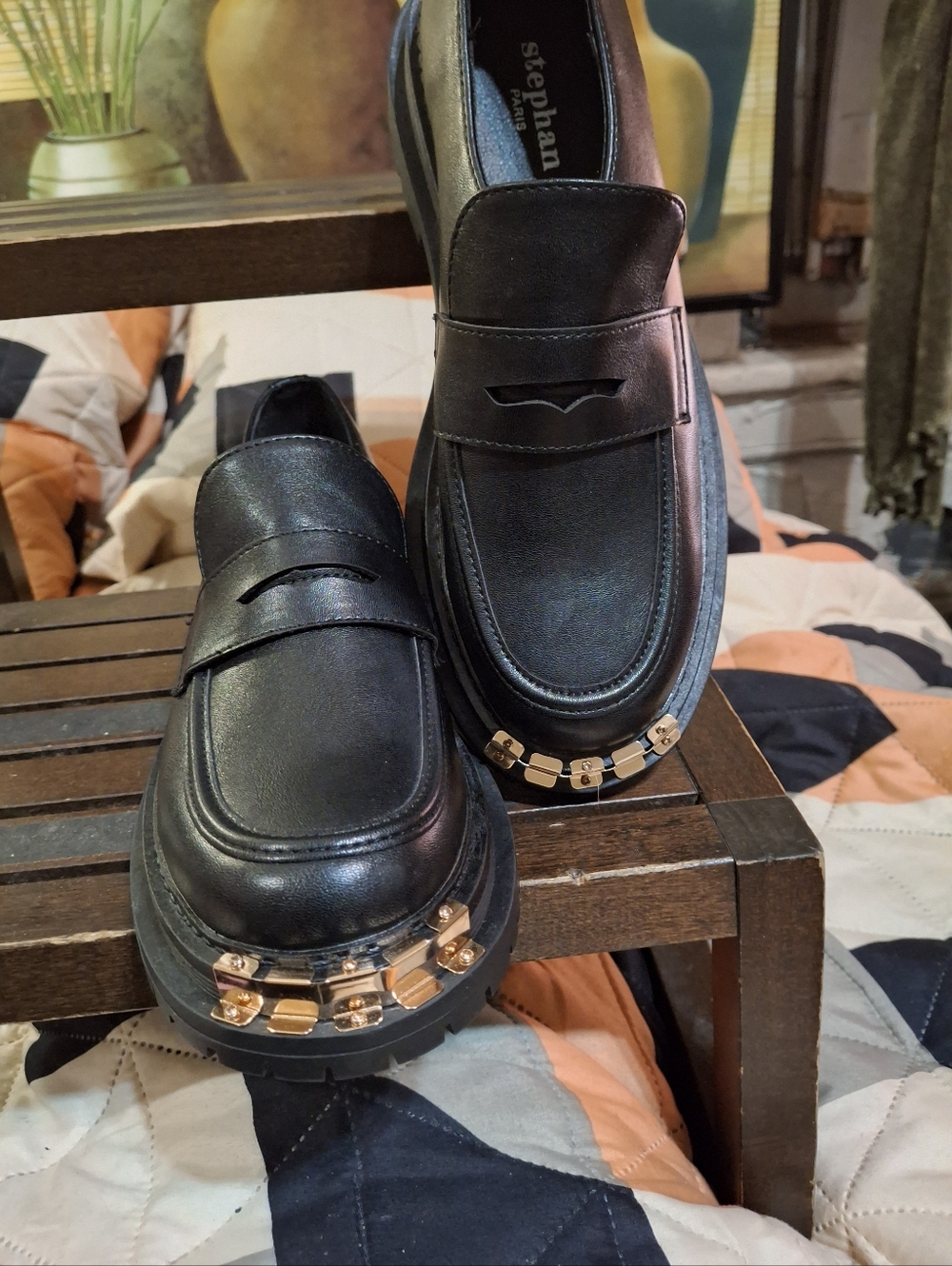 Black Leather Women's Slip-On Loafers with Gold Accent
